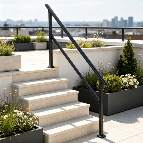 5-Step Stair Handrail Kit, Transitional Black Square Tube Design with Installation Hardware, for Outdoor Steps, Porch & Deck