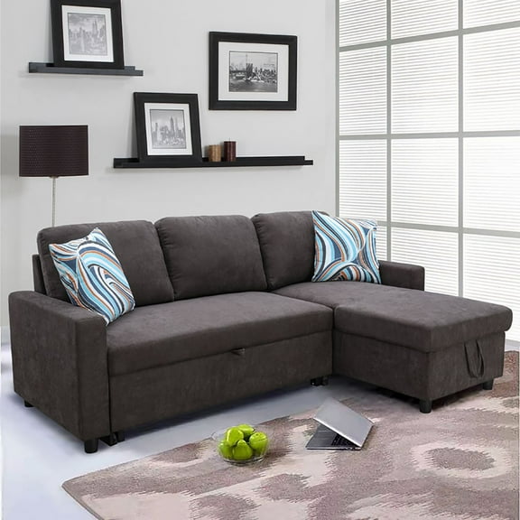 Pull Out Sofa Bed with Storage Chaise, L Shape Sectional Couch Bed Sleeper Sofa with 2 Pillows for Living Room, Dark Brown