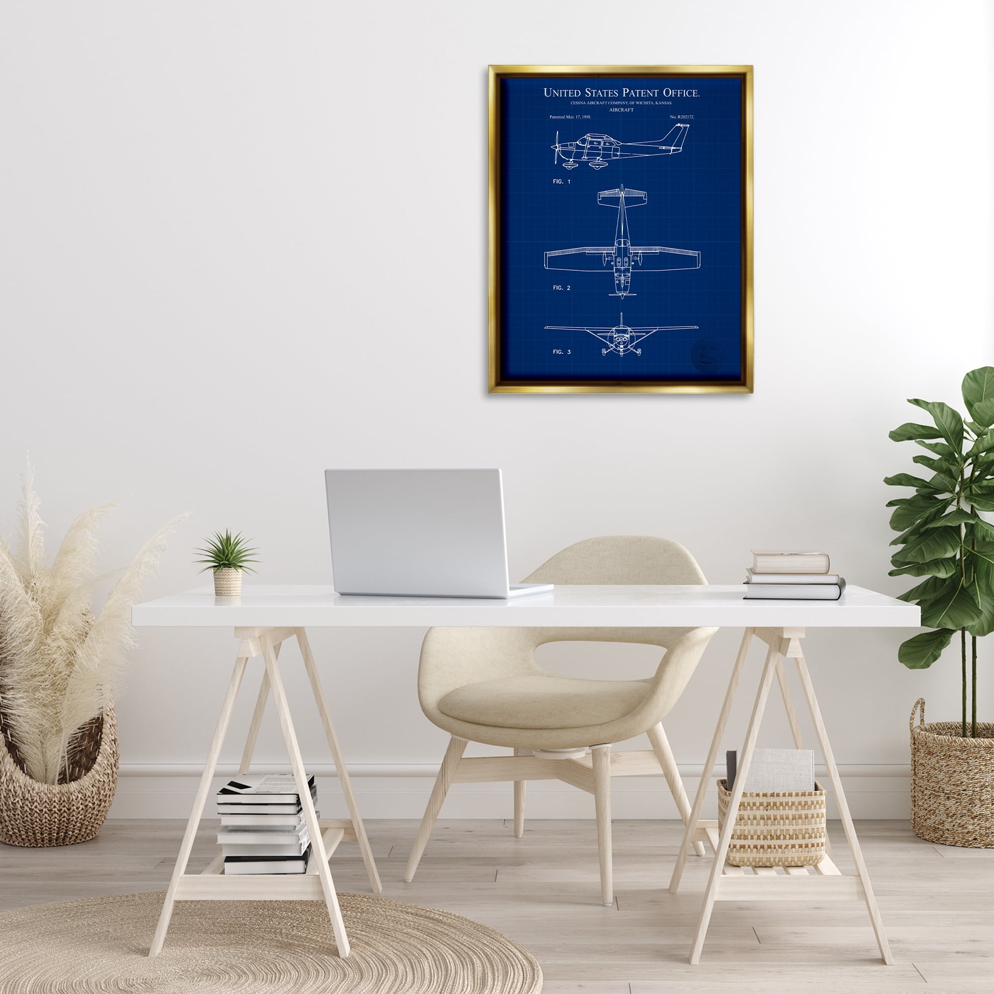 Stupell Industries Aircraft Patent Blueprint Transportation Painting Gold Floater Framed Art Print Wall Art, 25 x 31