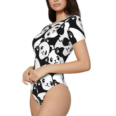 Goofa Seamless Pattern Cute Panda Printed Women Rash Guard Short Sleeve Tummy control Swimsuit Surfing Swimsuit Bathing Suit One Piece Swimsuit UPF 50-Medium
