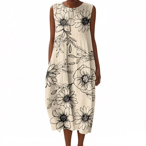 Puliio Summer Dresses for Women Sleeveless Round Neck Floral Print Loose Casual Midi Dress with Pockets