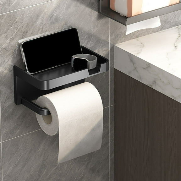Self Adhesive Toilet Paper Holder with Phone Shelf Stainless Steel Matte Black Wall Mounted Toilet Paper Roll Holder Adhesive Or Drilling Tissue Roll Holder with Shelf Black, Home Essentials