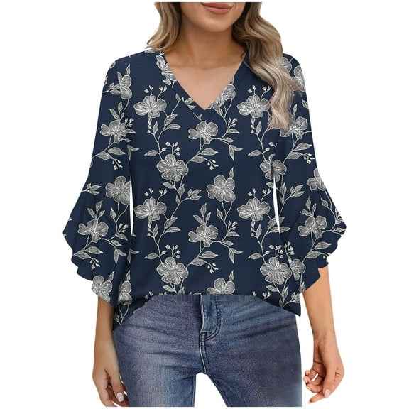 Ruimatai Women's V Neck 3/4 Sleeve Flared Blouse Casual Loose Fit Printed Tops Comfortable Flowy T-Shirt Fashion Floral Shirt