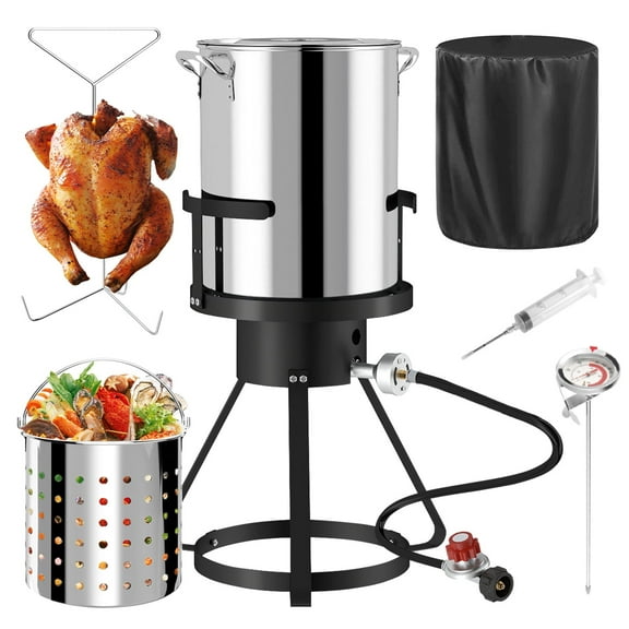 30QT Outdoor Turkey Fryer | Seafood Boil Pot | Cover & Basket Included | 50,000BTU Propane Burner | Stainless Steel| Turkey,Shrimp & Crawfish Boiler
