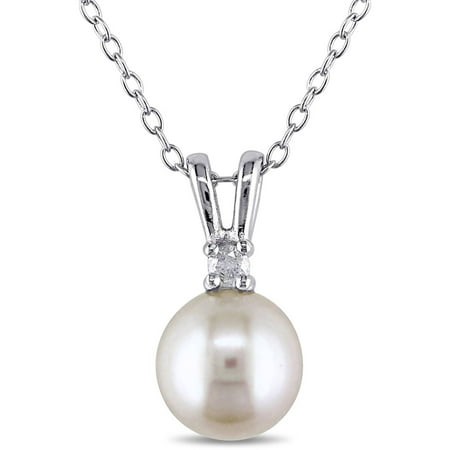 Miabella 8-8.5mm White Round Cultured Freshwater Pearl and Diamond-Accent Sterling Silver Fashion Pendant, 18