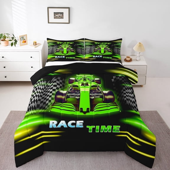 Erosebridal Green Car Bedding Twin Comforter Set,Extreme Sport Down Comforter,Geometric Buffalo Bedding Sets Twin with Comforter,Breathable Automobile Room Decor,Reversible,3pcs