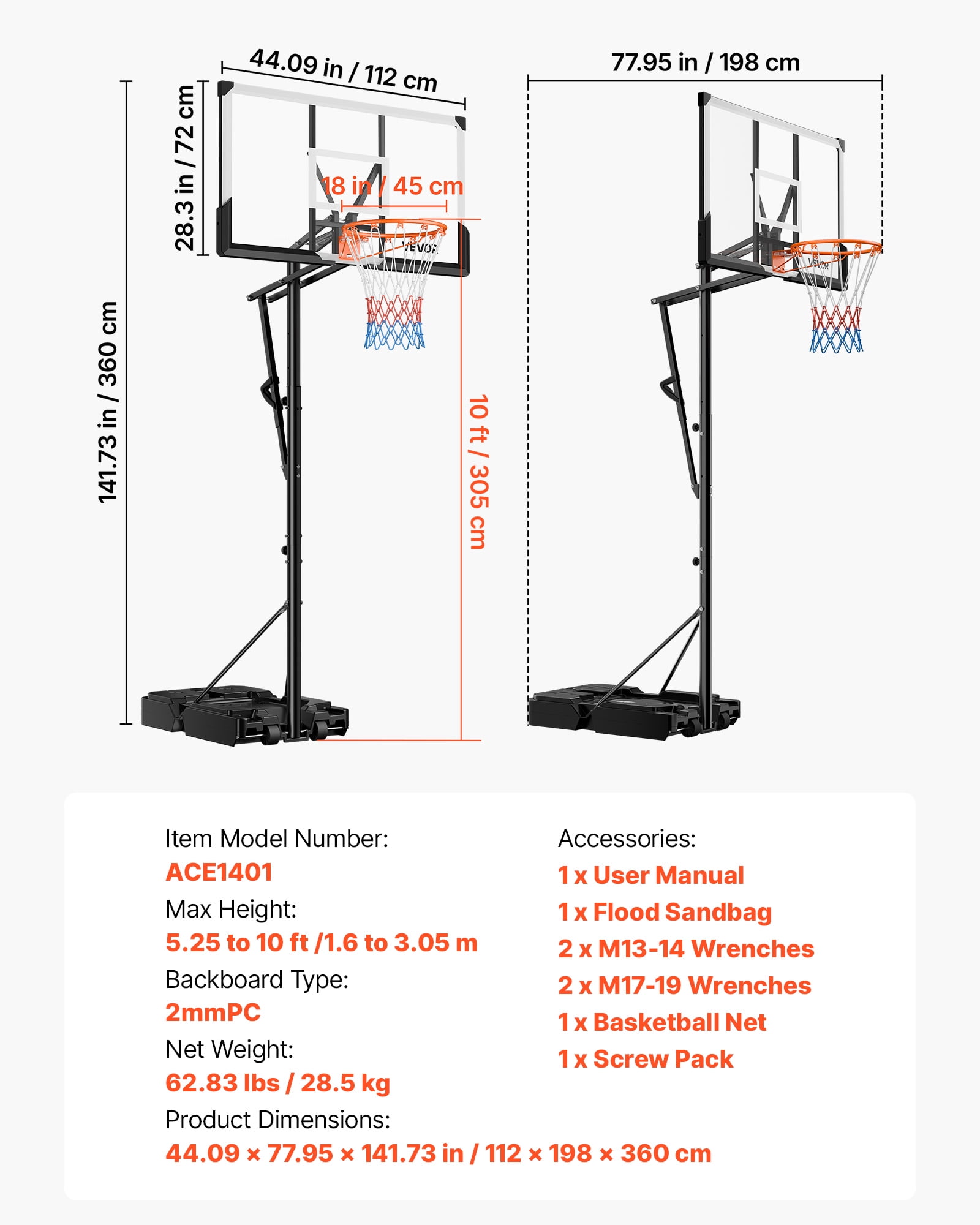 VEVOR Portable Basketball Stand, 5.25 to 10 ft Height Adjustment Basketball Hoop & Goal, Portable Basketballs Hoop with 44 inch PC Backboard & Wheels for Kids, Teens, Adults in Driveways, Pools