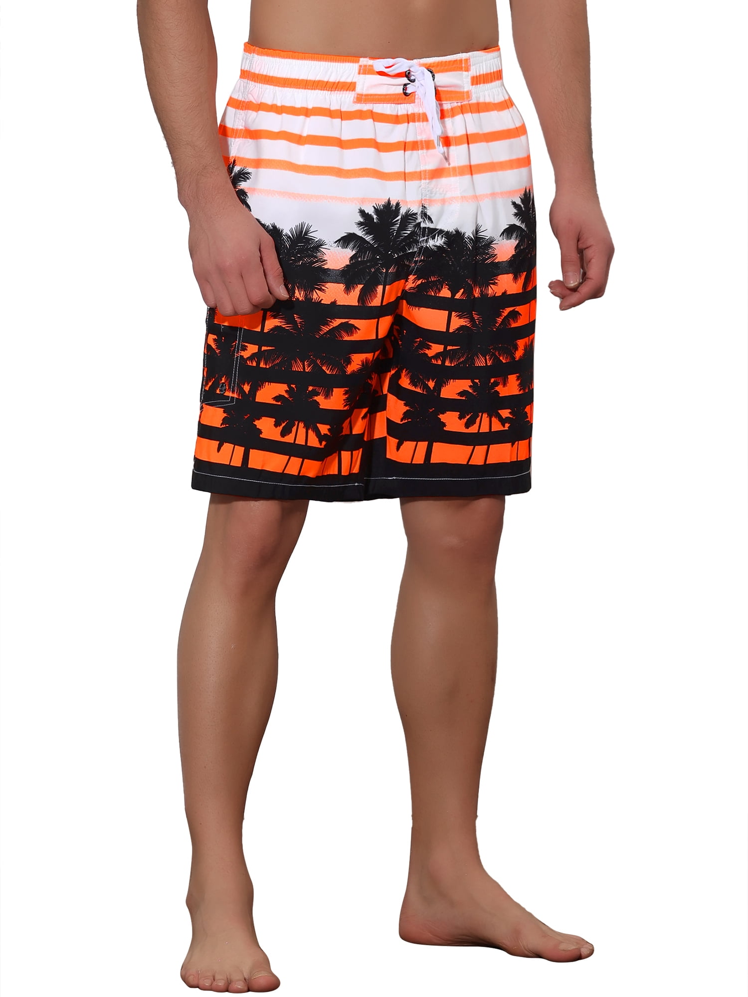 Unique Bargains Men's Color Block Tropical Trees Printed Striped Beach Shorts 36 Orange