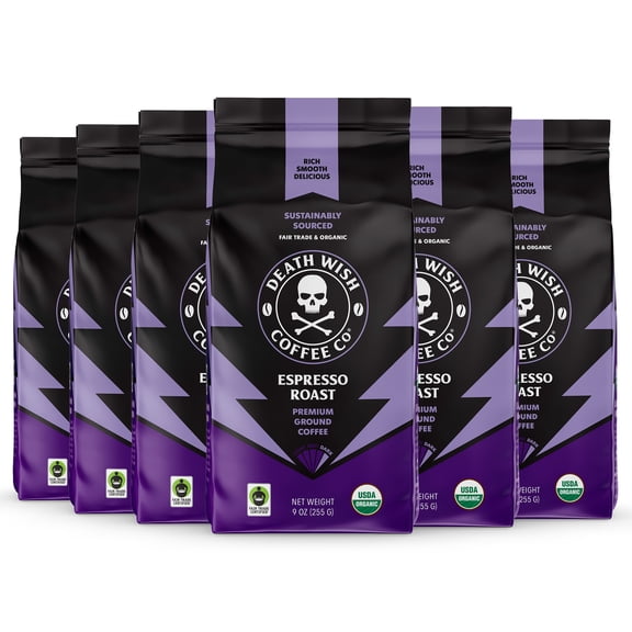 (6 pack) Death Wish Coffee, Organic and Fair Trade, Espresso Roast, Ground Coffee, 9oz