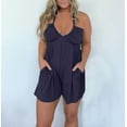 thumbnail image 2 of Lovskoo Romper for Women 2024 Summer Halter Neck Spaghetti Strap Jumpsuits Sleeveless Ruched Short Jumpsuit with Pocket Dark Blue 2XL, 2 of 7