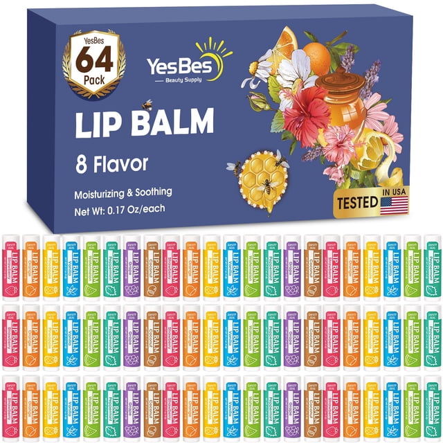 Bálsamo labial YesBes, paquete de 64 unidades, natural, con vitamina E y aceite de coco