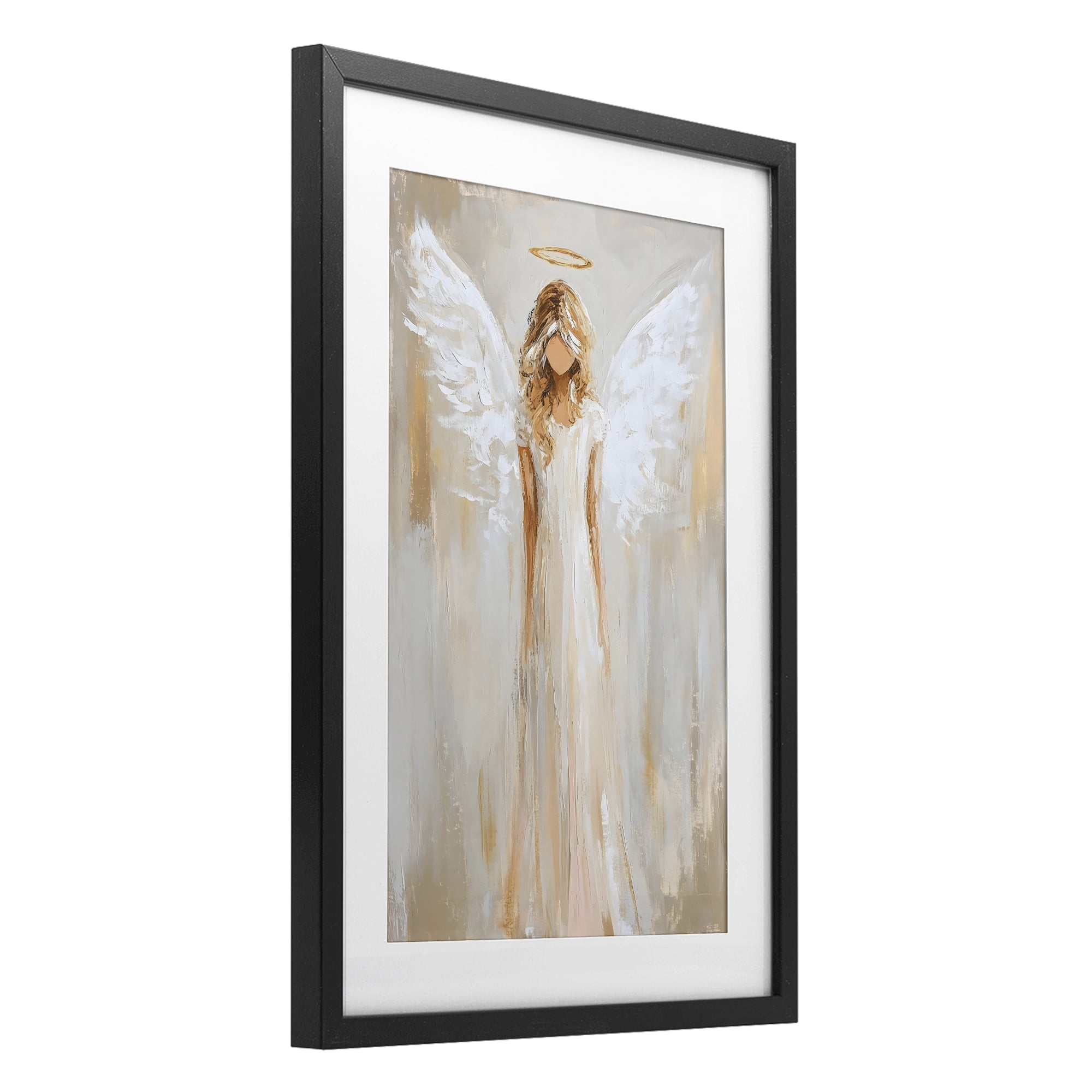 Divine White Robe Angel Black Framed Print Under Glass, design by Petal Prints Design