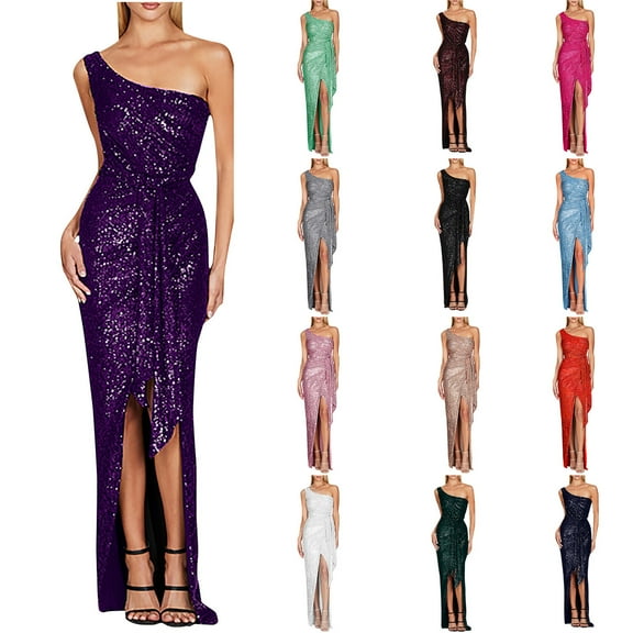 safuny Women's Maxi Side Split Dress Solid Sequins Shiny Trendy Dresses Sleeveless Elegant Cocktail Wedding Evening Party Holiday One Shoulder Army Green S