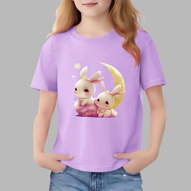 Blusas y camisas de manga corta con cuello redondo para niños Camiseta de verano de manga corta estampada para niñas Jersey elegante de cuello redondo para niños Top de algodón
