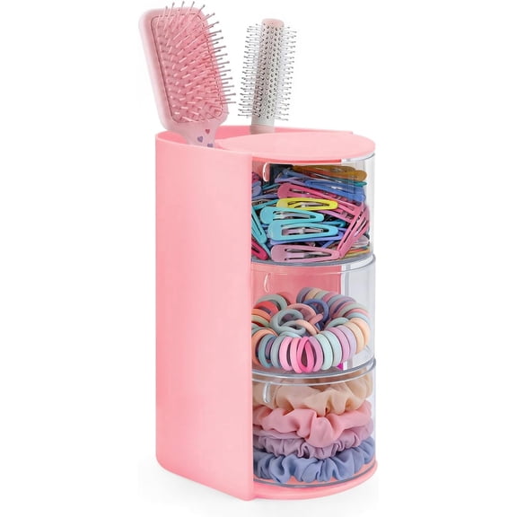 Hair Accessories Organizer with Rotating Storage, 3-Tier Hair Tie & Clip Holder, Makeup Brush Holder for Girls, Bows, Brushes, Vanity Organizer (Pink)