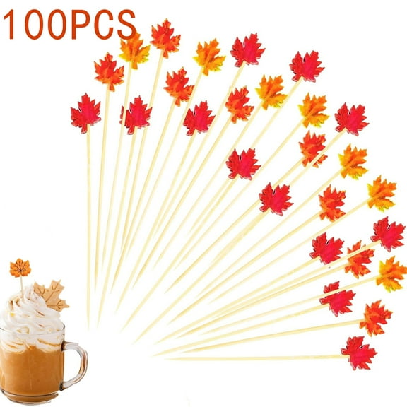 Maple Leaf Cocktail Picks,Tutuviw 100 Pcs 4.7" Long Fall Cocktail Picks,Toothpicks for Appetizer Bamboo Sticks Fruit Bamboo Skewers for Food Fruit Drinks Autumn Theme Thanksgiving Day Party Decoration