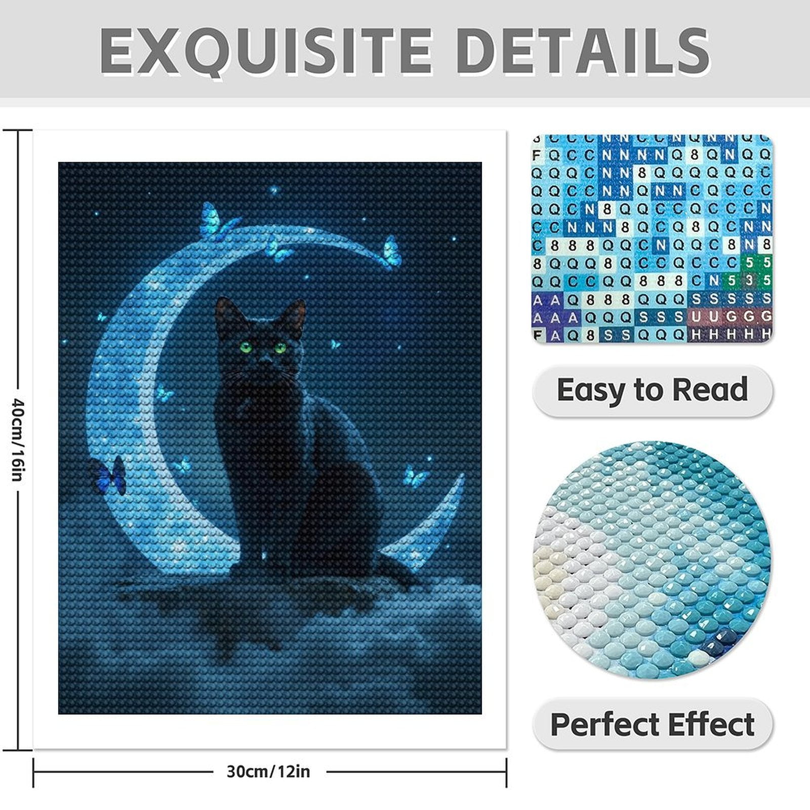 Diamond Art Kit for Adults, Midnight Cat Moon Butterflies Diamond Painting for Adults Beginners, 5D DIY Diamond Art Painting Kits, Colorful Diamond Painting Craft for Home Decor 12x16