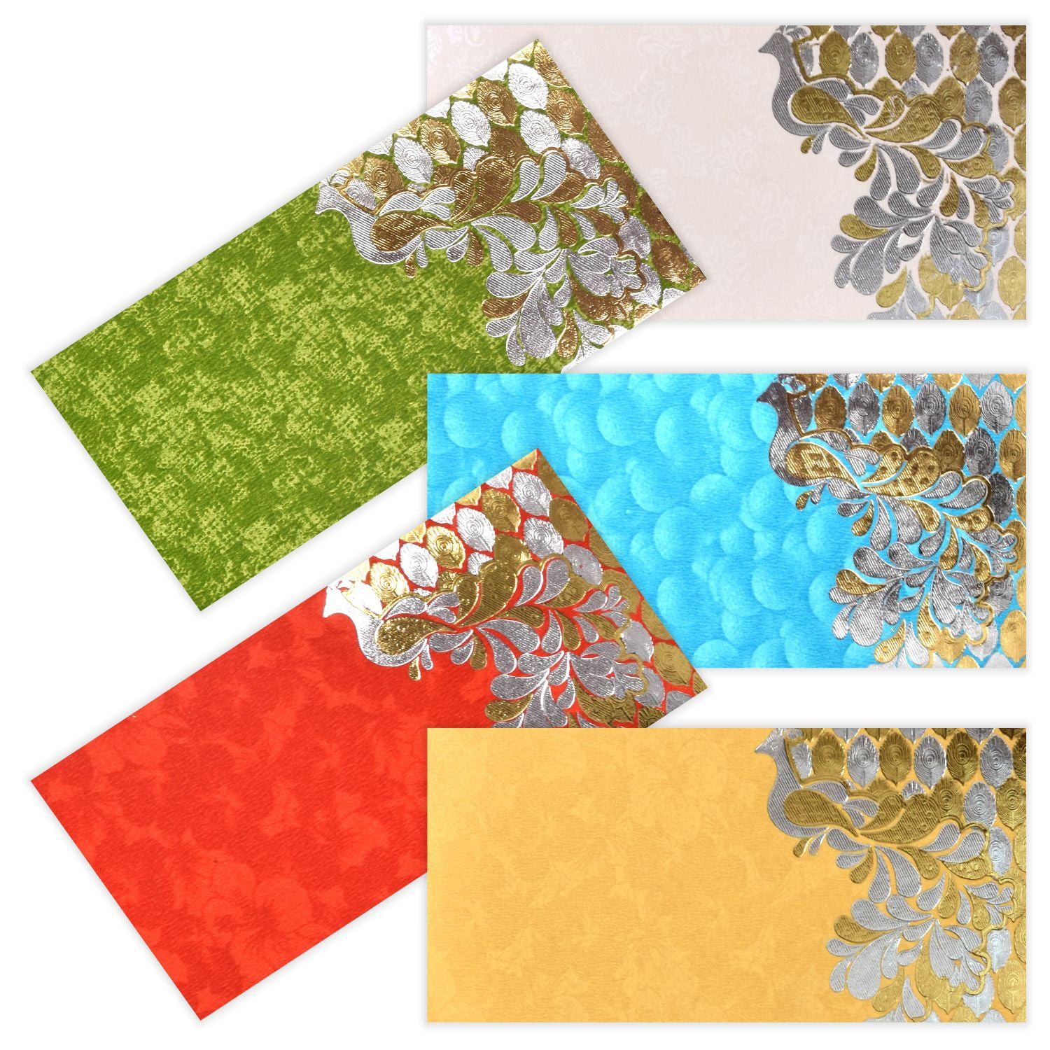 PARTH IMPEX Shagun Gift Envelope for Cash (Pack of 50) 7.5" x 3.5" Peacock Feather Gold Silver Foil Stamping Assorted Color Money Holder Card for Christmas Diwali Birthday Wedding Graduation
