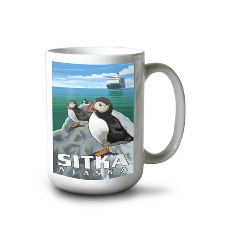 

15 fl oz Ceramic Mug Sitka Alaska Puffins and Cruise Ship Dishwasher & Microwave Safe