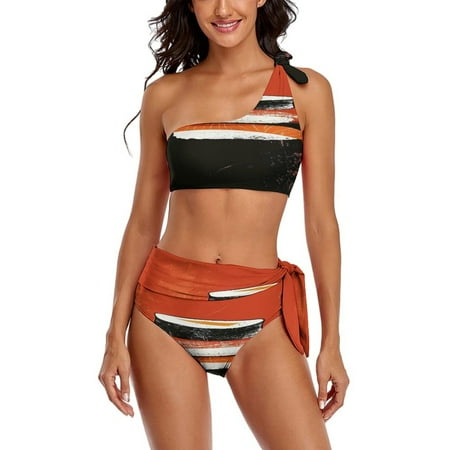 Sushi House One Shoulder Bowknot Swimsuit Two Piece Swimsuit Knot Crop Top Bikini High Waisted Bathing Suit