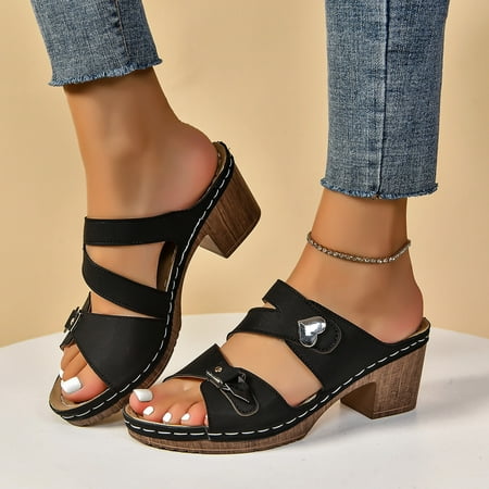 

Ediodpoh Ladies Casual Solid Colour Love Car Line Chunky Heel High Heel Big Size Sandal Slippers Womens Sandals Black 7(38)