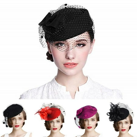 Womens Pillbox Flower Derby Hat Vintage Bow Fascinator Hats for Cocktail Ball Wedding Church Tea