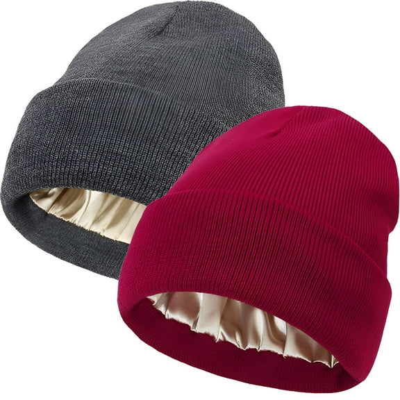 TELOLY 2Pcs Winter Hats for Men,Cozy Plush Warmth Beanies Women,Locks in Heat Mens Beanie,Gray & Wine Red