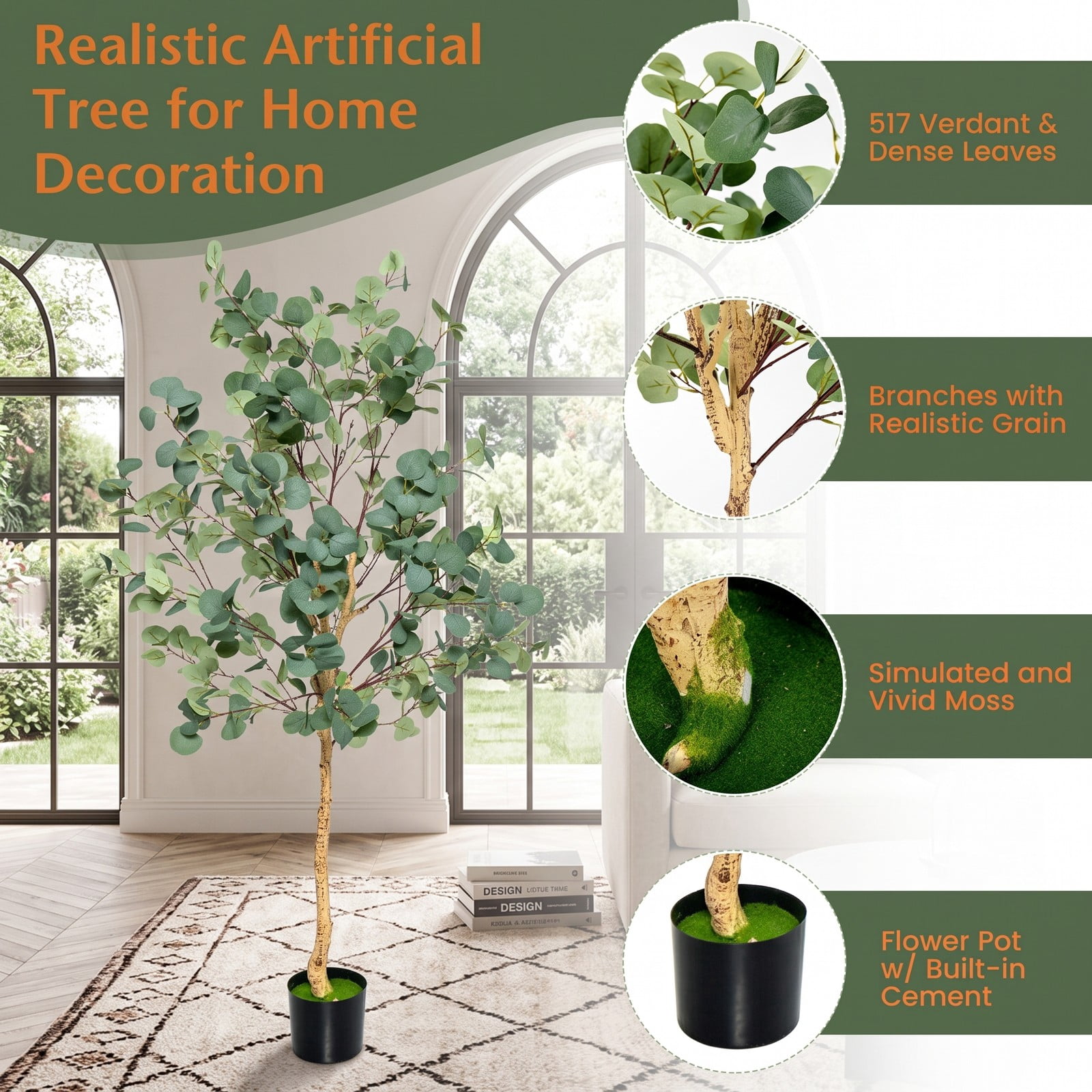 ALPULON 5.5 FT Artificial Eucalyptus Tree, Faux Silver Dollar Tree with 517 Leaves and Cement Pot, Tall Fake Plant for Indoor Home Office Living Room Corner, Green