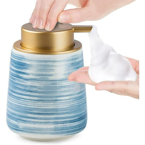 Modern Striped Style Gold Soap Dispenser for Bathroom, Ceramic Hand Soap Dispenser, Easy to Refill Liquid (Gray-Foam Pump)