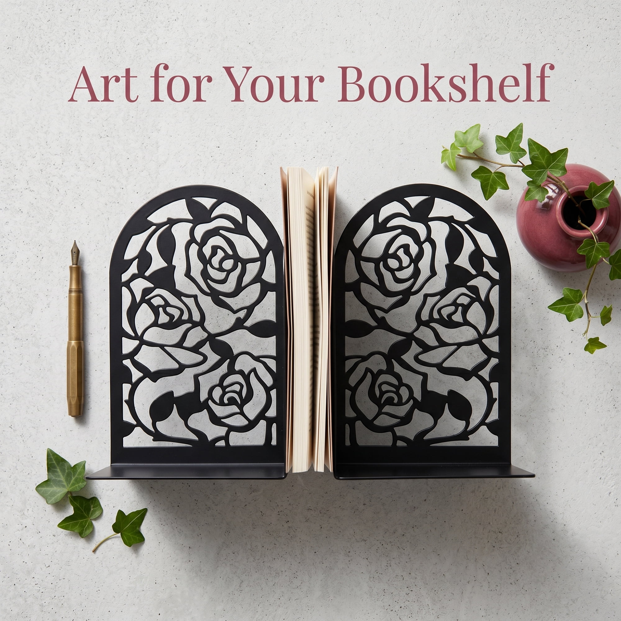 Unique Bargains Large Flower Design Floral Metal Bookends Black Style A 4.7"x3.2"x7.3"