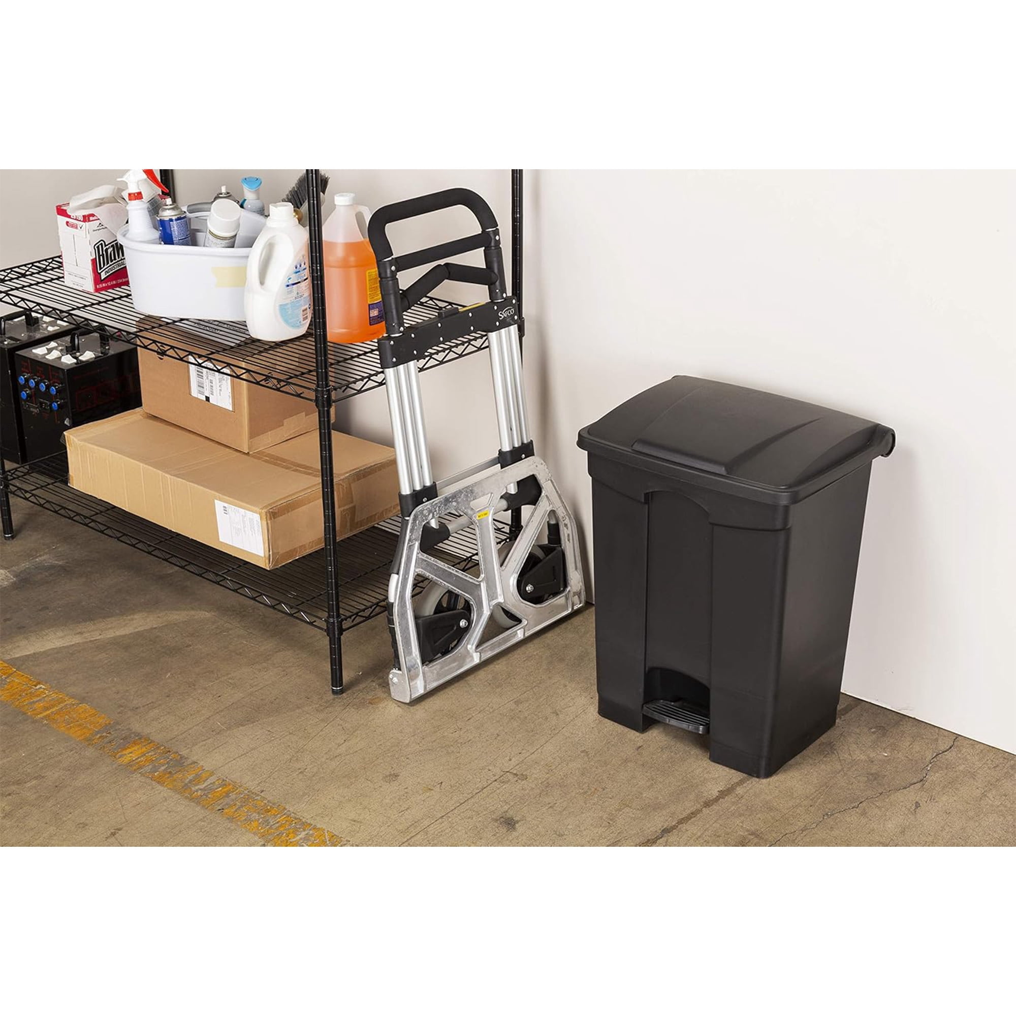 Safco Hands Free Plastic Step-On Receptacle Trash Can - 23 Gallon in Black