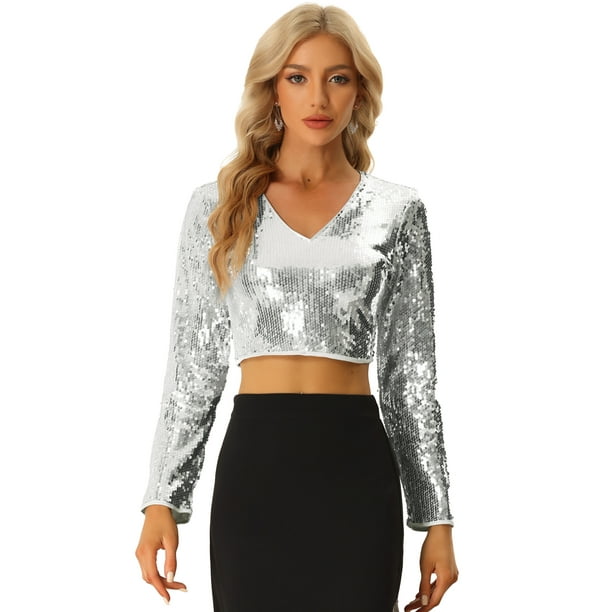 Top Corto con Lentejuelas para Mujer de Manga Larga con Cuello en V Blusa Corta de Color Brillante para Fiestas Plata S Allegra K Top