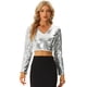 thumbnail image 1 of Top Corto con Lentejuelas para Mujer de Manga Larga con Cuello en V Blusa Corta de Color Brillante para Fiestas Plata S, 1 of 5