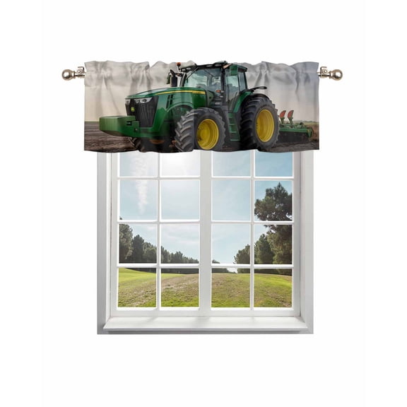 Farm Tractor Kitchen Curtain Valances for Windows Farmhouse Short Curtains, Green Truck Country Rustic Field Harvester Rod Pocket Valance Curtain for Bedroom Cafe Living Room 56"x16"