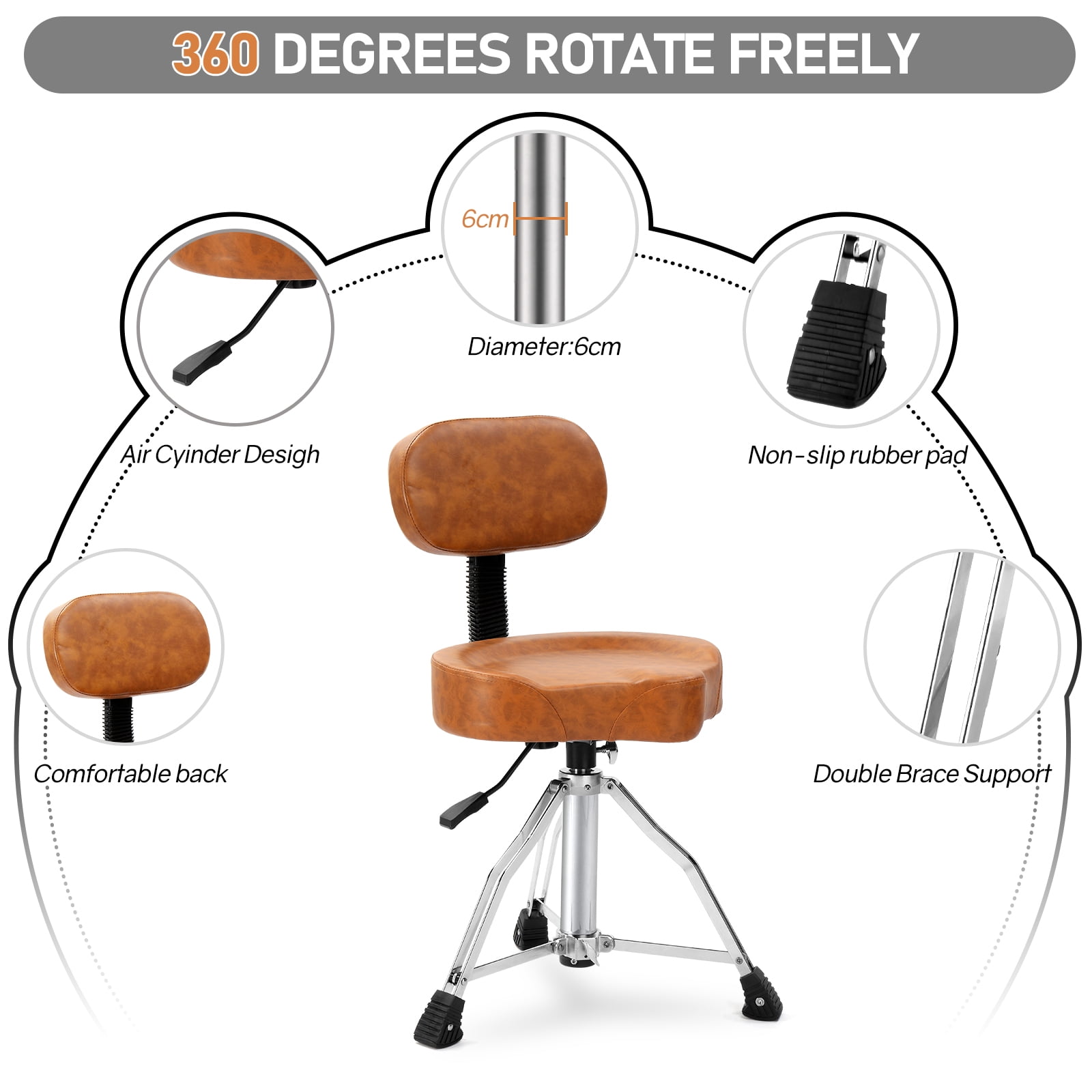 Ktaxon Adjustable Drum Throne with Backrest, 360° Rotating Hydraulic Seat, Thick Cushion for Home, Classroom, and Concert Use, Brown