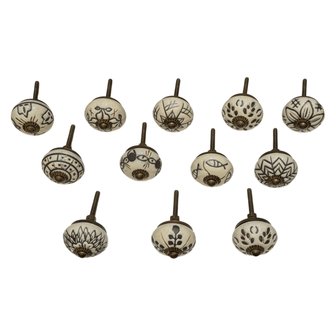 Vriksha Kraft Round Cabinet Knobs Ceramic Off-White with Hardware Fittings 12 Piece 12 Pack
