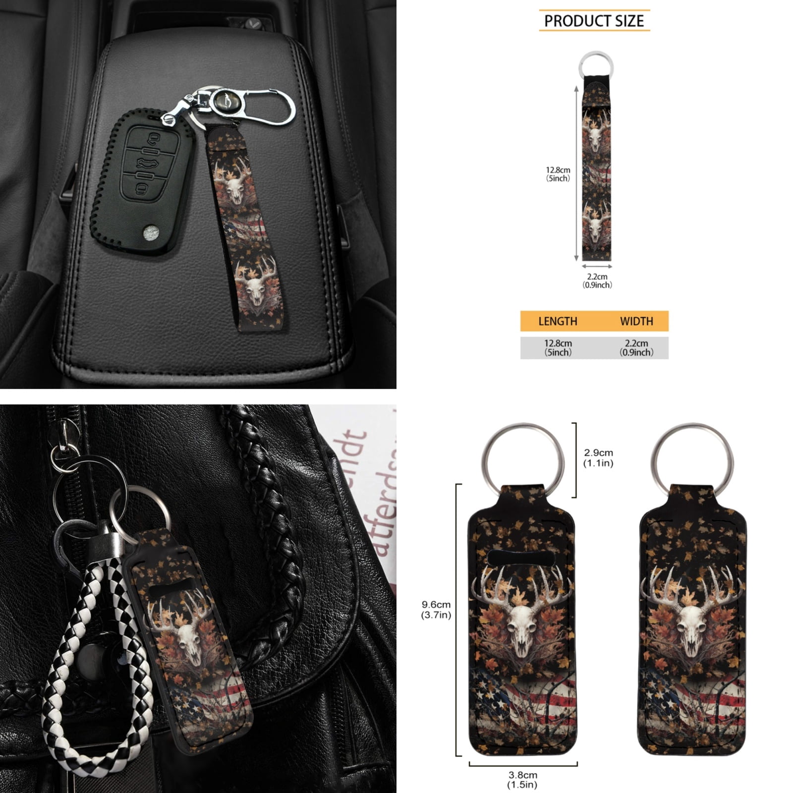 Yuyamidu Deer Car Seat Covers Full Set with Steering Wheel Cover Seat Belt Strap Pads American Flag Gear Shift Cover Hand Brake Cover Sun Visor Car Coasters Rearview Mirror Cover Keychain 16 PCS