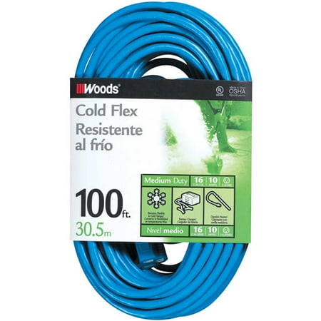Woods 16/3 Outdoor Cold-Flexible SJTW Extension Cord, Blue, 100-Foot
