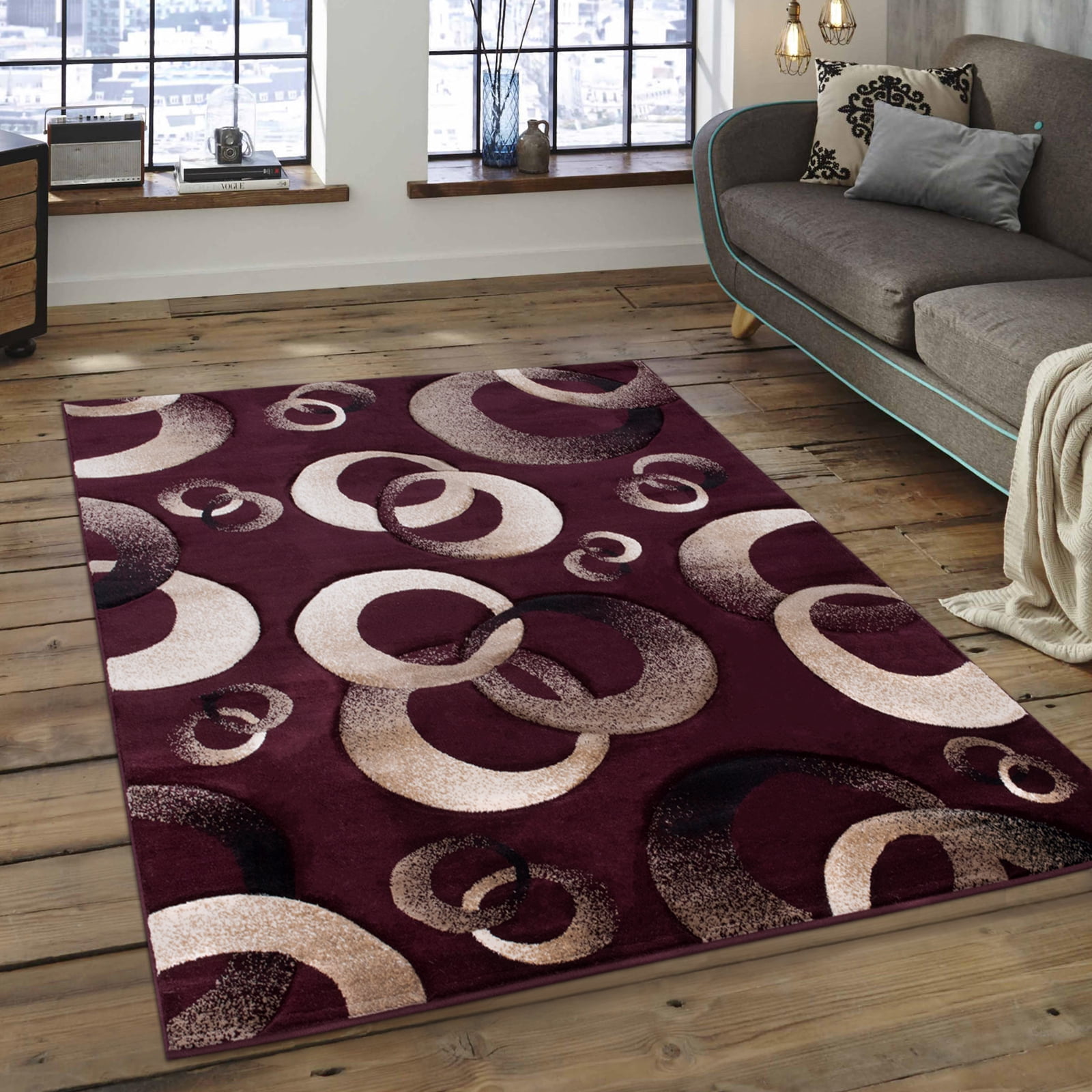 Allstar Burgundy Woven Hand Carved Contemporary. Modern Circles Area