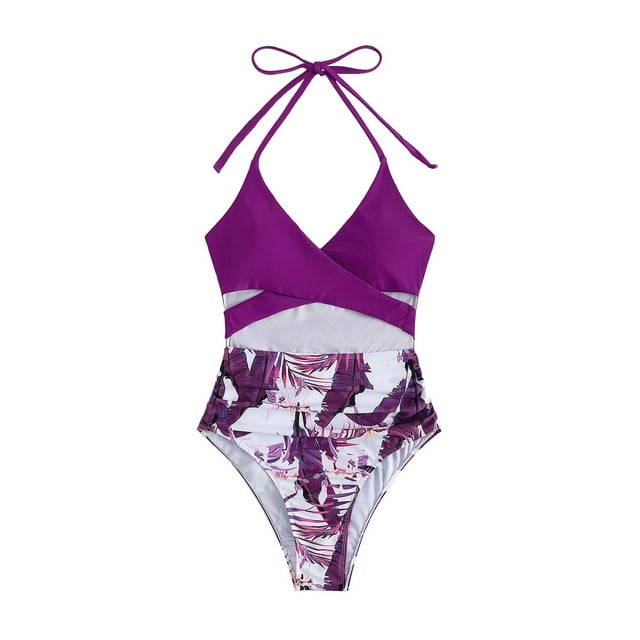 Gibobby Bañador de una pieza Traje de baño Bikini de triángulo dividido para mujer Conjunto de traje de baño de color sólido estampado(Morado,XL)