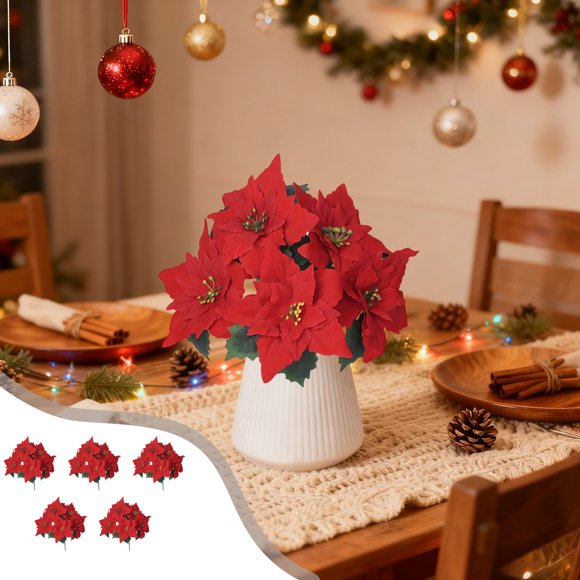 Christmas Poinsettia Floral Bouquet Artificial Flower Stems with 5 Fork Design Realistic Plastic Greenery for Home Holiday Table Centerpiece Wedding Party Decorations