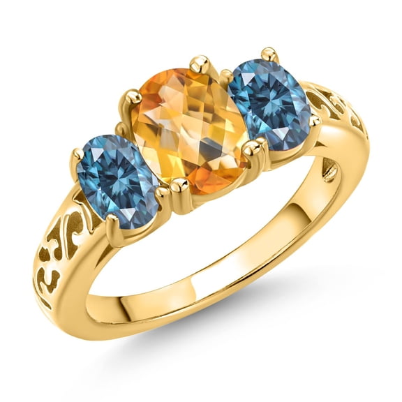 Gem Stone King 18K Yellow Gold Plated Silver Yellow Citrine and Persian Blue Moissanite Filigree Style 3 Stone Ring for Women (2.15 Cttw, Oval 8X6MM and 6X4MM) (Size 5)