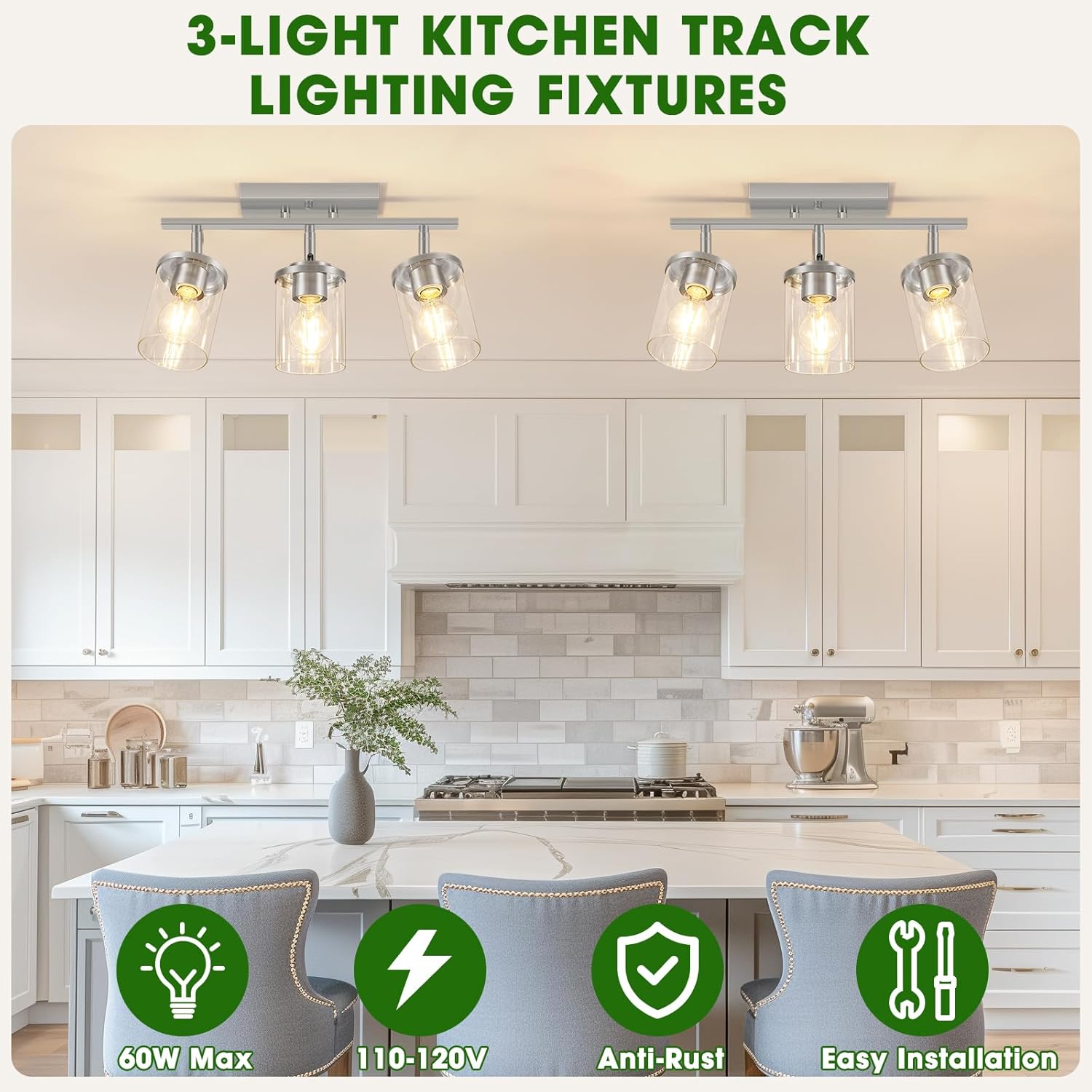 3-Light Track Lighting Brushed Nickel Semi Flush Mount Ceiling Light with Clear Glass Shades Multi-Directional Track Spotlights for Kitchen Hallway Bathroom, Bulb Not Included
