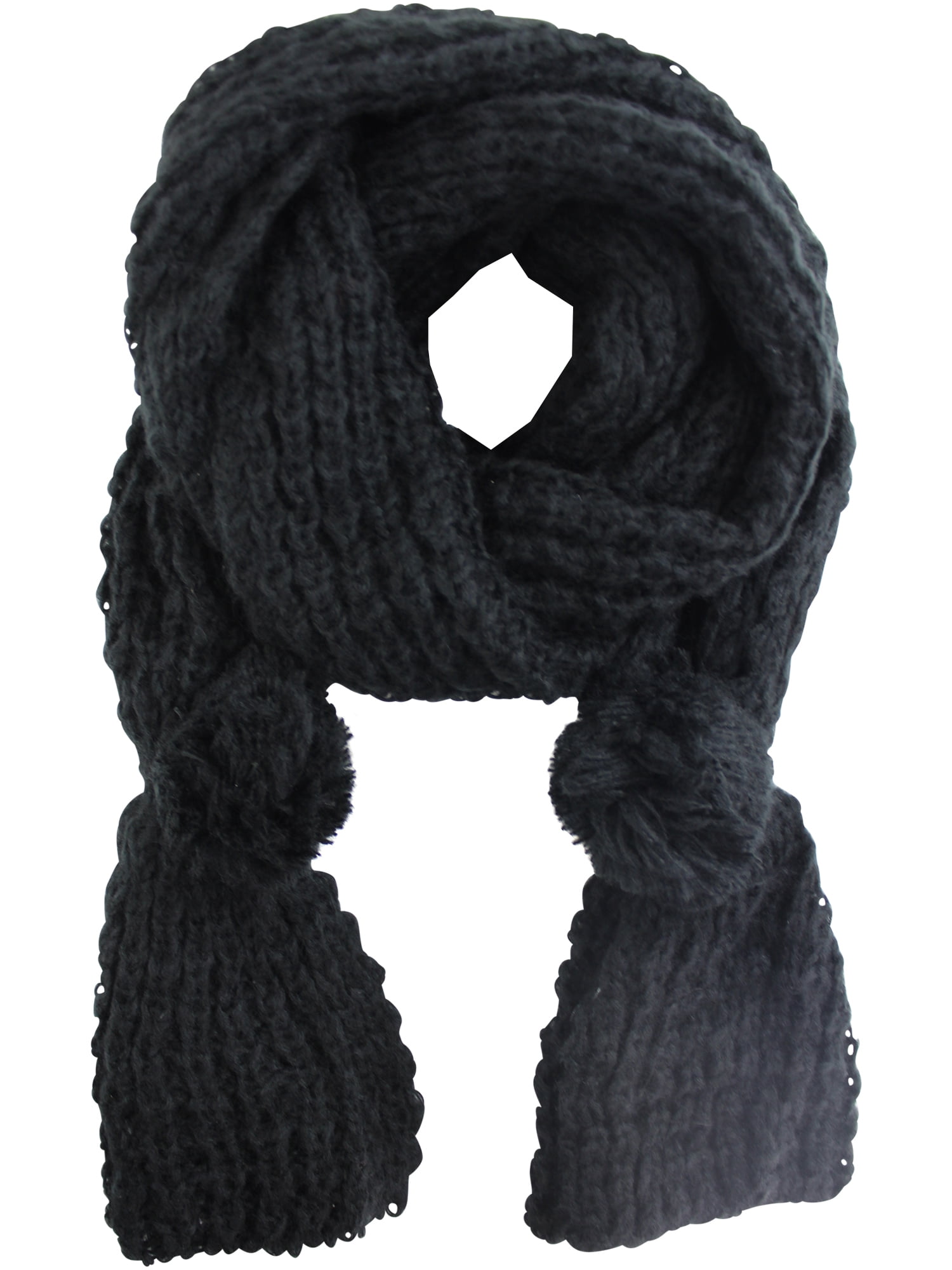 Black Knit Shawl Wrap With PomPom Ties