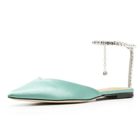 FSJ Women Comfortable Pointed Closed Toe D Orsay Ballet Flats Rhinestone Crystal Chain Ankle Strap Wedding Bridal Work Casual Dress Shoes Size 16 Green