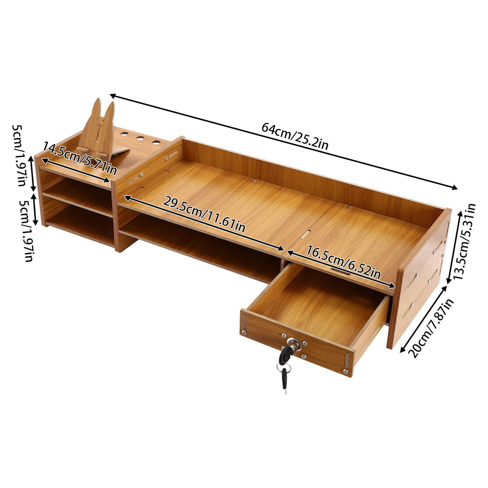 Wood Square Desk Organizer with Drawers  Desktop Storage With Lock, Pen Holder
