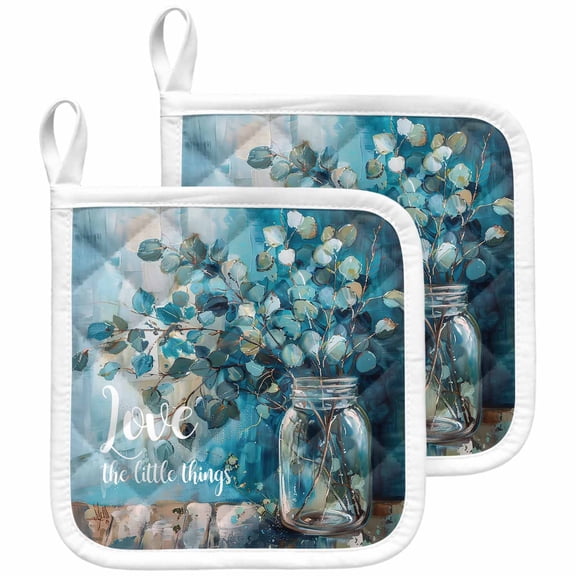 Blue Teal Spring Floral Pot Holders for Kitchen Heatproof Potholder, 2 Pack Modern Botanical Oil Painting Art Hot Pads Multipurpose Oven Pads Cloth Potholders Trivet for Cooking and Baking