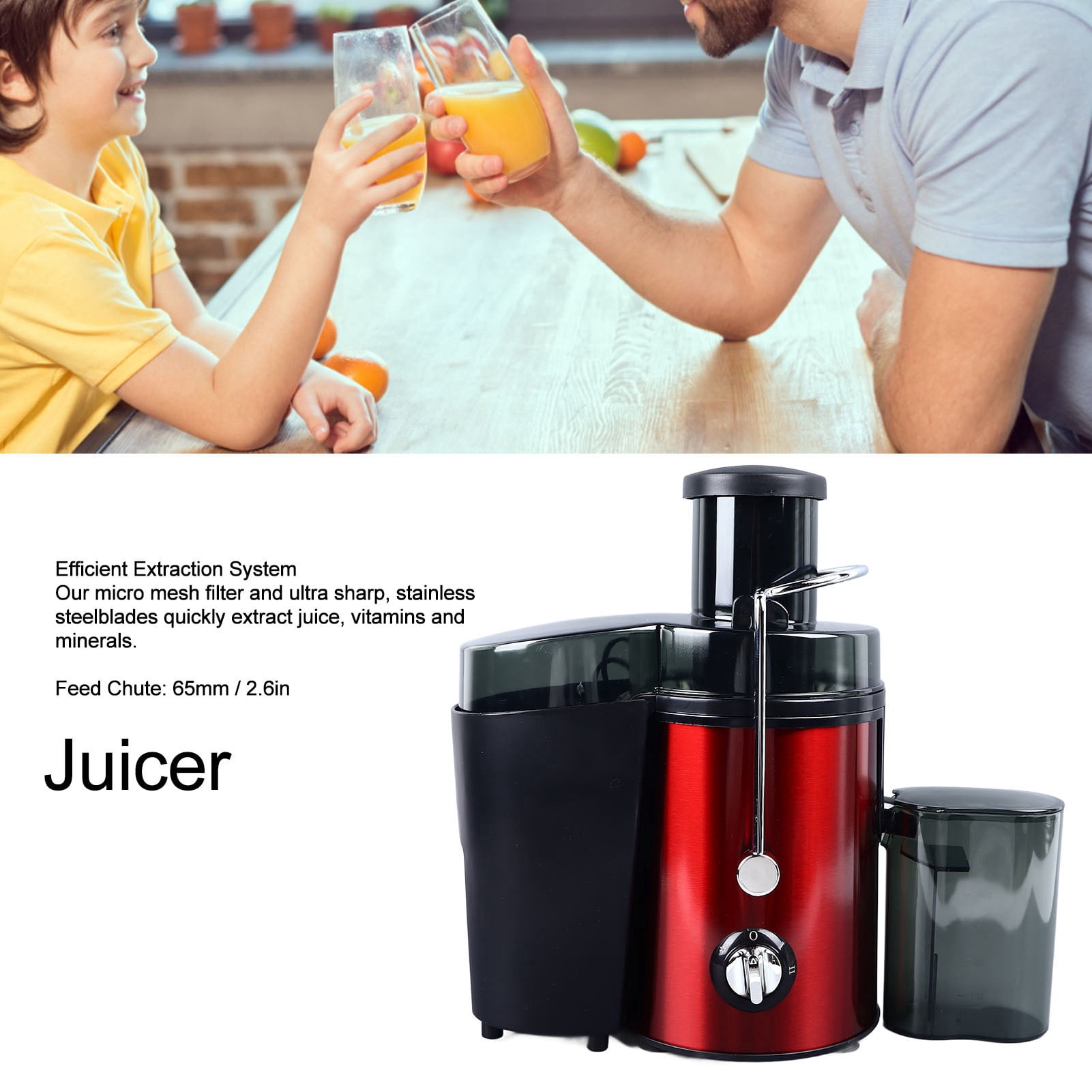 Yajisi 600W Juicer Machine with 2.6 inches / 65mm Wide Feed Chute, Stainless Steel Centrifugal Juicer Extractor for Fruit and Vegetable, Red