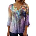 thumbnail image 2 of Womens Tops Ladies Top Floral Print V-Neck Short Sleeve Button T-Shirt Beige L, 2 of 5