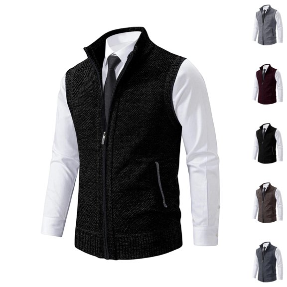 GrmtClth Waistcoat for Men Fake Two Piece Full Zip Stand Collar Sleeveless Knit Vest Functional Side Pockets Fall Winter Office Daily Layering Coat Black 3XL
